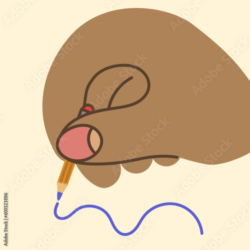 Giant hands holding tiny pencil and drawing. Giant's hands. Records, collecting information, ordering. Hand-drawn fashionable vector illustration. Cartoon style. Templates for banner design