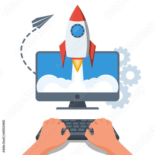 Start up concept. A businessman starts a project while working on a laptop. Flying rocket, symbol of start of project's launch. Vector illustration cartoon flat design. Business metaphor.