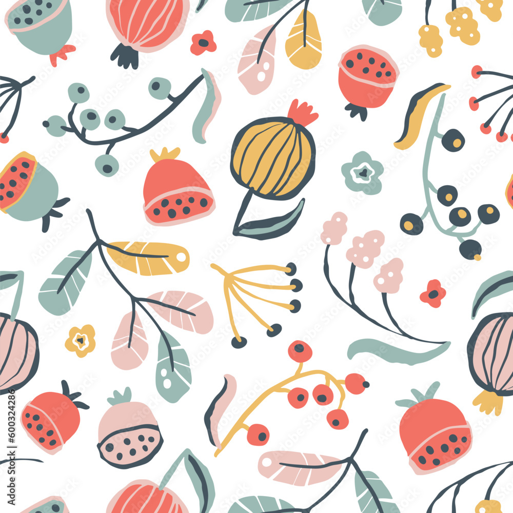 Creative floral seamless pattern in sketch style. Vector hand drawn illustration of blooming flowers and herbs in limited pastel palette. Abstract background for printing textile, packaging, fabric.