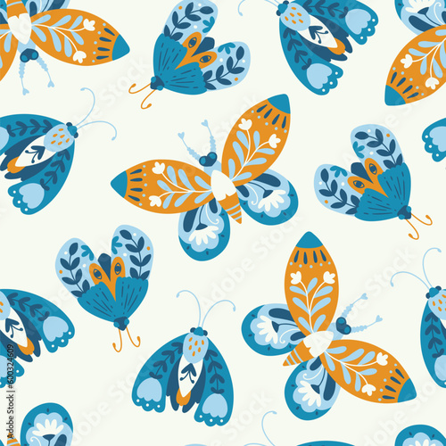 Moth seamless pattern. A butterfly decorated with a collection of flowers. Hand drawn doodle illustration in simple scandinavian style. Pastel palette. Vector on a white background. © Світлана Харчук