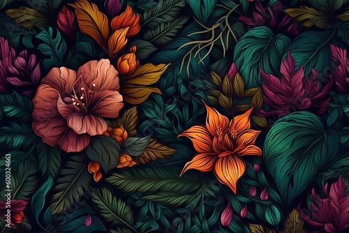 wallpaper pattern with colorful flowers and leaves. 3d interior mural painting wall art decor wallpaper. floral pattern nature plant with bright color flowers illustration background. 