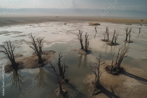 Aerial view of dead trees and lake in Danakil Depression photo