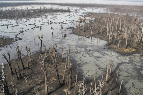 Aerial view of dead trees and lake in Danakil Depression photo