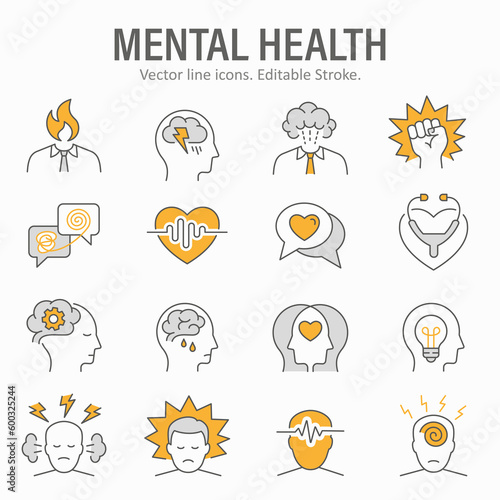 Mental health icons such as stress, anxiety, therapy, anger and more. Vector illustration isolated on white. Editable stroke.