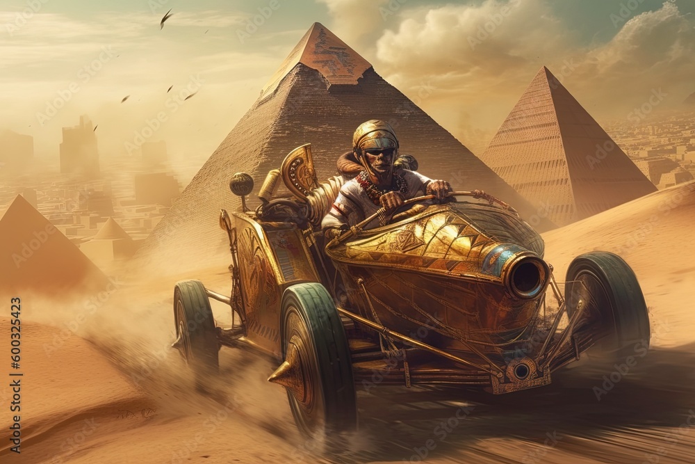 Alien Egyptian pharaoh in his war chariot chopper car charging into ...