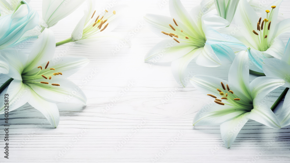 Blue and white lily flowers and leaf Border surrounding on a White Blue ...