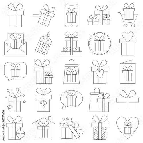 A simple gift set of Linked vector line icons. Boxes, gifts with bows. Holiday and celebration.