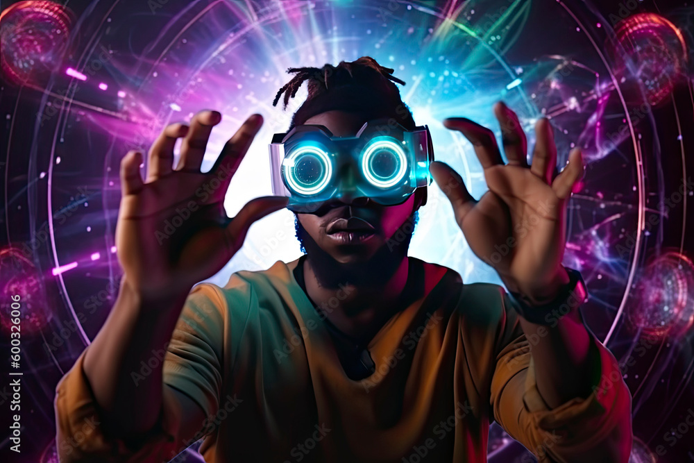 African American man puts on VR goggles and enters the cyberspace of the meta universe