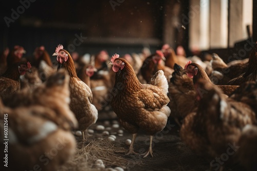 Chickens feeding in a poultry farm. Generative AI