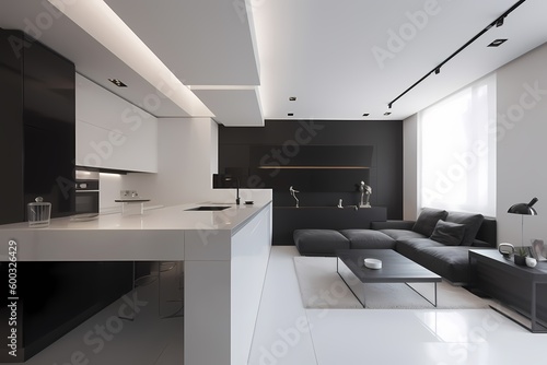 Realistic 3D render beautiful morning in a modern kitchen room minimalist black and white