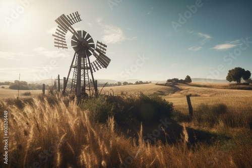 Windmill in open land. Generative AI