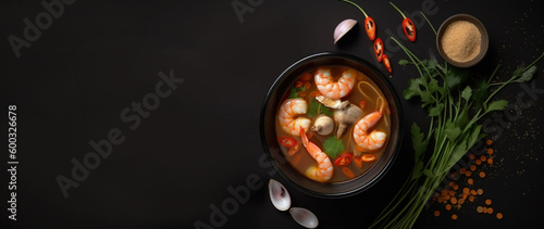 Tom yum kung, spicy thai soup with shrimp in a black bowl, top view, ai illustration 