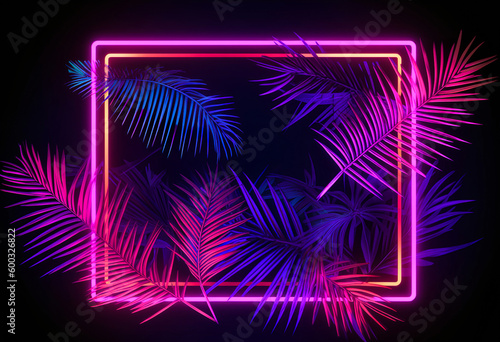 Jungle creative neon light, cyber frame on fresh palm leaves with copy space. Urban, futuristic background concept. Flat lay. Illustration, Generative AI.