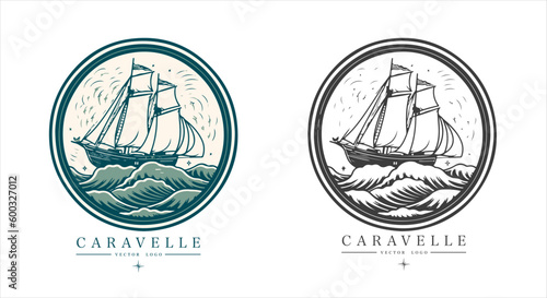 Caravelle on the water Logo vintage emblem. Old retro vector illustration marine navy icon.