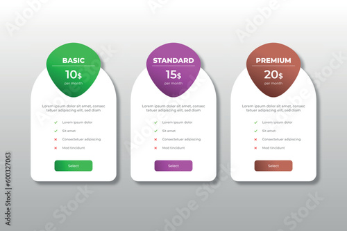 Pricing table concept design template for business. Subscription plan. Web hosting or service.