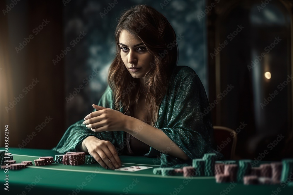 Woman playing poker on green table with chips all around, front view. Generative Ai Woman playing poker on green table with chips all around, front view. Generative Ai