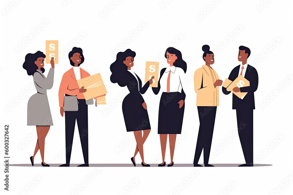Obraz premium Diverse businesspeople with money in hands offer funding to successful businesswoman