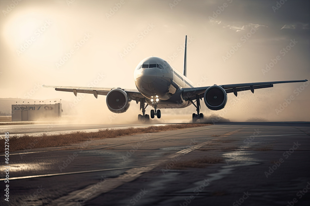 Airplane taking off, is landing on the runway daylight. Travel, holiday, business concept. Generated Ai Airplane taking off, is landing on the runway daylight. Travel, holiday, business concept. Generated Ai