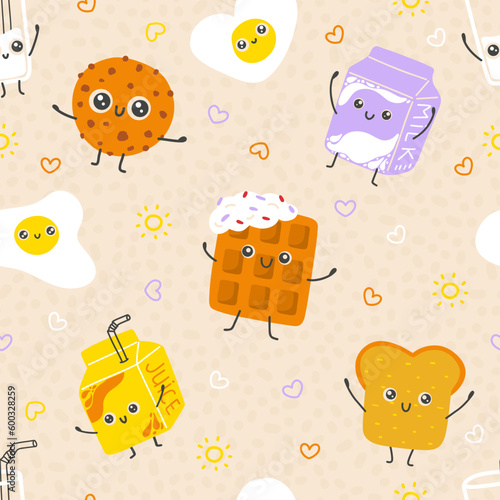Cute pattern with breakfast characters. Cookie, waffle, milk and juice. Colorful pattern for baby clothes, bedding and more. Childish texture for fabric, wrapping, textile, wallpaper.