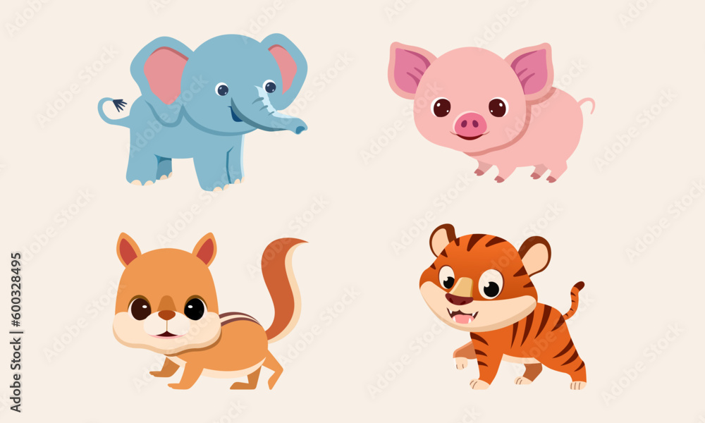 Four cute cartoon animals, tiger, pig, elephant, squirrel, vector illustration