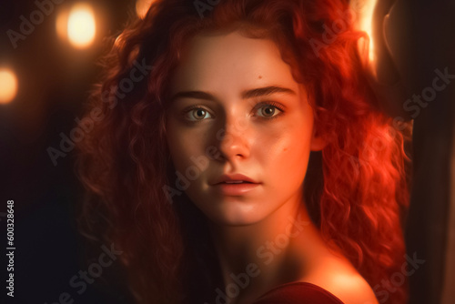 A hyperrealistic portrayal of a woman with stunning red hair, evoking a sense of fantasy. generative AI.