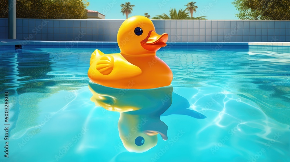 Yellow child's toy rubber ducky toy floating in a large clear blue