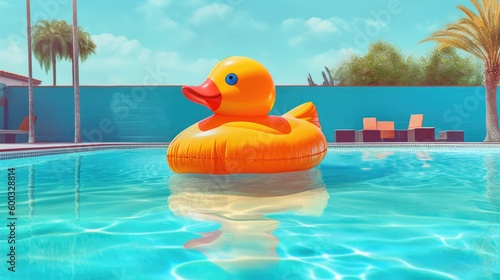 Yellow child's toy rubber ducky toy floating in a large clear blue swimming pool during a hot summer's day in backyard of Los Angeles mansion - generative AI