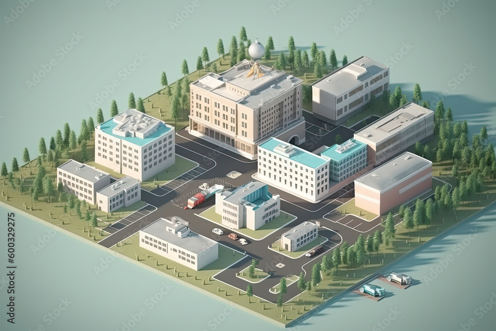 Hospital isometric on earth.3d rendering