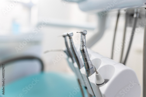 Closeup of dental drills in dentists office  Different dental instruments and tools in a dentists office