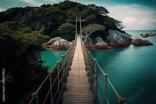 Long wooden suspension bridge in Jungle of Thailand (Generative AI)