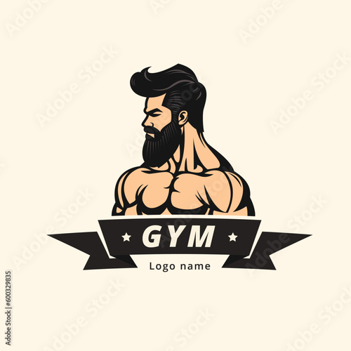 Vector logo for the gym or gym clothes men. A strong man with a beard. Open Sans Font. photo