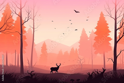 Magic misty forest in silhouette of bear. Trees  deer on meadow in grass  birds. Pink and orange wild landscape