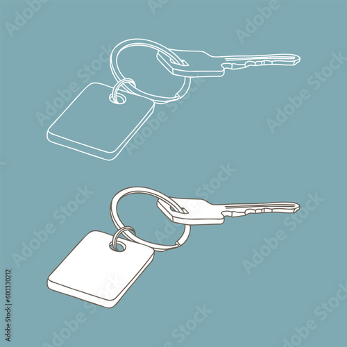 Linear keychain with empty space for your design. Round Keychain with Ring and Chain. Design Template, Mockup.