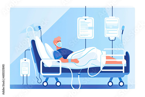 Patient on ventilator life-support wearing oxygen mask lying on hospital bed. Intensive care unit COVID disease