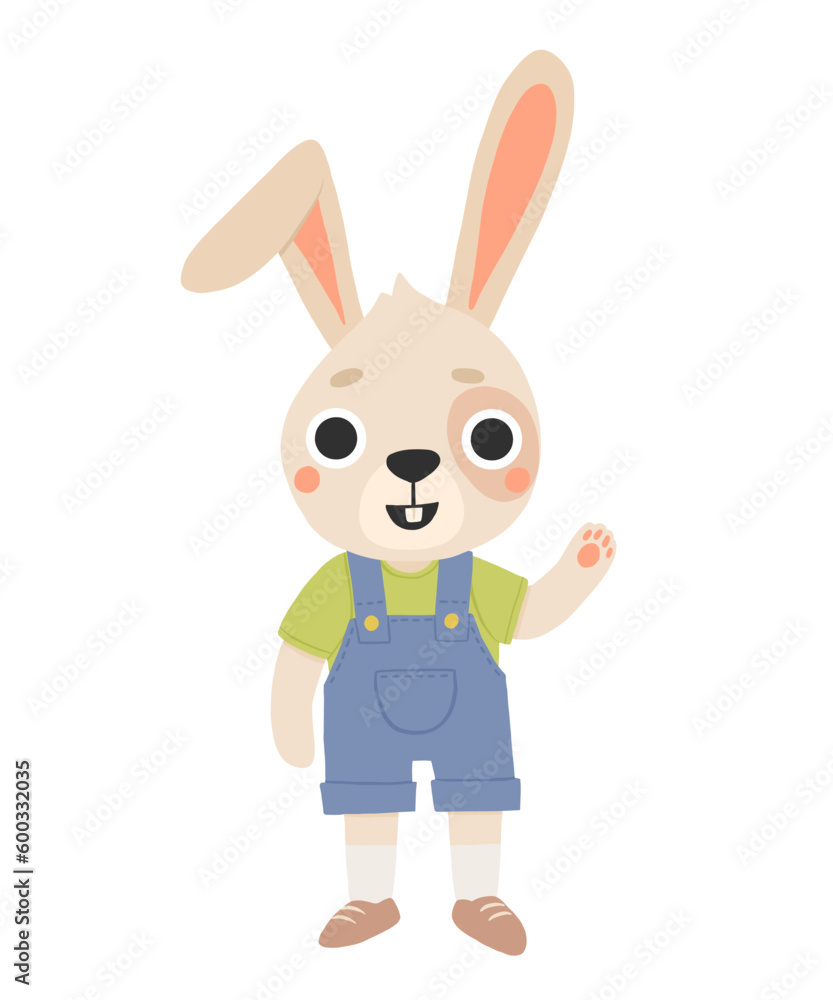 Cute Rabbit friends. Cartoon Bunny characters for childrens book. Hare standing and smiling for Easter greeting card, Spring, Summer poster