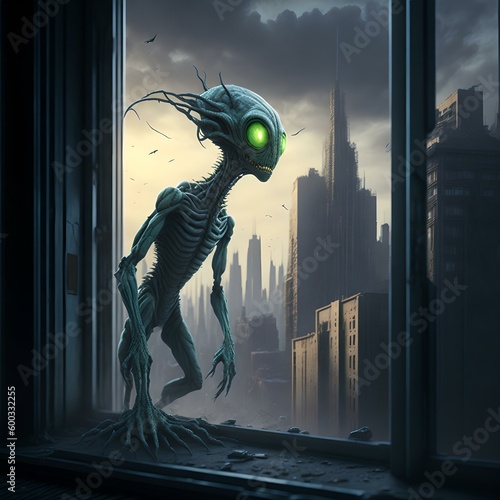 alien in the window watching the city they will invade