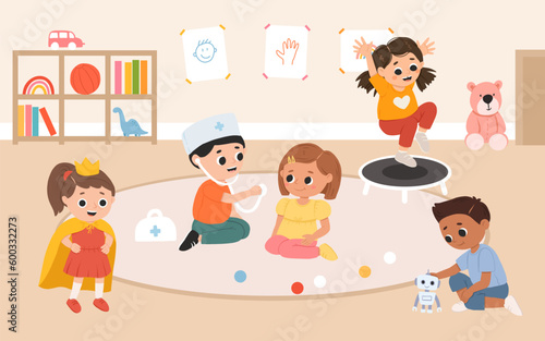 Kids play toys and games together in kindergarden. Cartoon playroom with children.