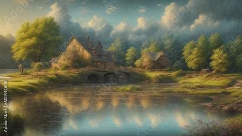 Wet scenic waterscape countryside, painting, Generative AI illustrations