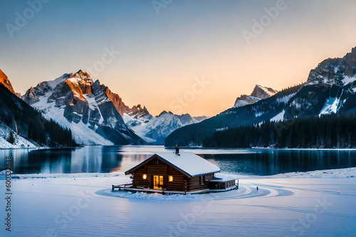 Winterfall landscape with lake photo