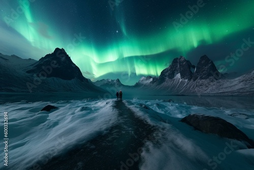 A mesmerizing aurora borealis over icy mountains in a virtual reality landscape. Generative AI © Lando