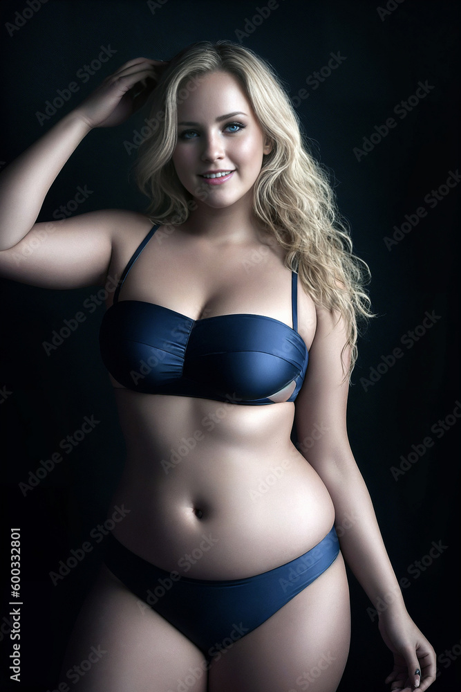 Curve  woman plus size model in lingerie on black background. . Generative AI