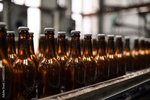 Beer bottles on production line being filled with alcohol. Generative AI