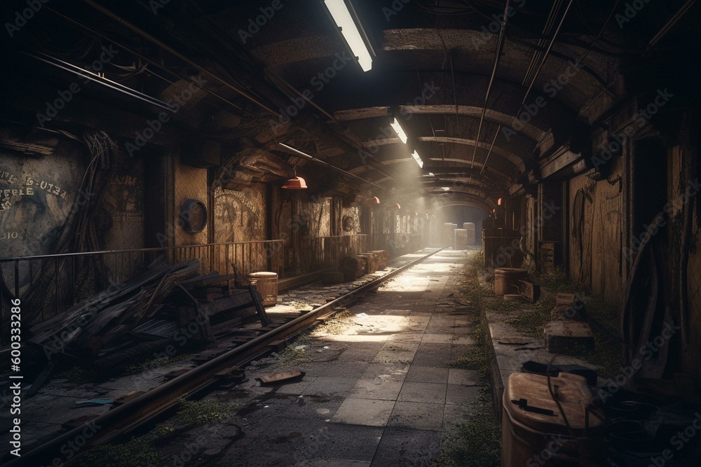 Post-apocalyptic community thrives in abandoned subway station after nuclear war. Generative AI
