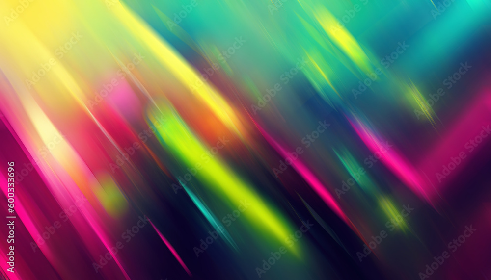 Neon rays. Light motion. Blur glow. Defocused bright pink yellow green blue color flare beam smooth texture art illustration free space abstract background.