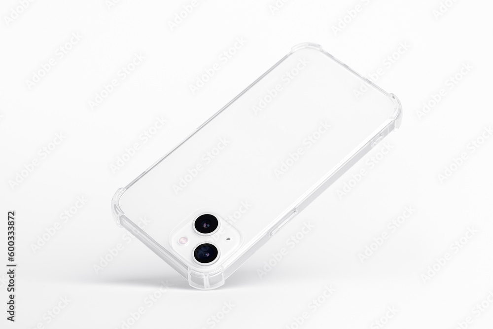 white iPhone 14 in clear silicone case falls down, back view isolated on grey background, phone case mockup