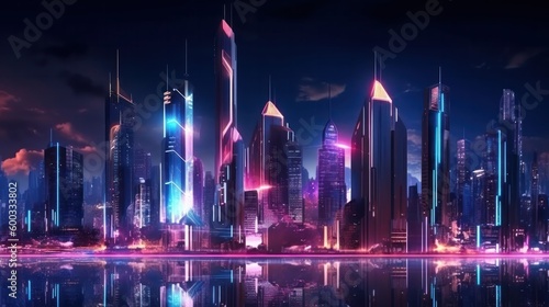 Neon mega city capital towers with futuristic technology background  future modern building virtual reality  night life style concept. Generative AI.