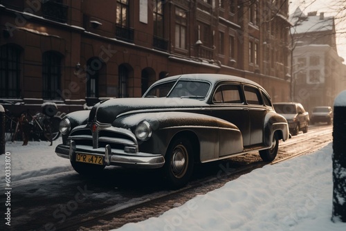 Old car in contemporary town drives on snow-covered sidewalk. Generative AI © Kalila