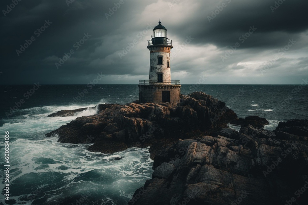 A lighthouse on a rocky shore amidst a stormy sky, with a tower atop in the middle of the ocean. Generative AI