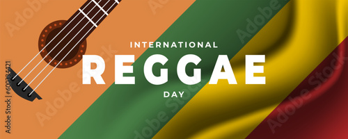 International Reggae Day on 01 July Banner Background. Acoustic Guitar and Reggae Flag Concept. Horizontal Banner Template Design. Vector Illustration