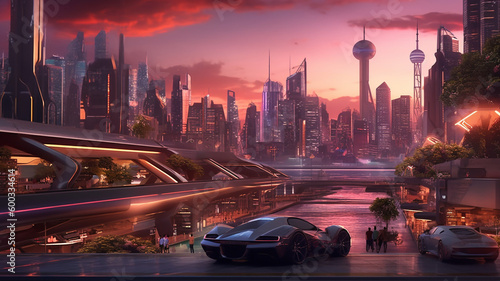 A futuristic cityscape, with towering skyscrapers and sleek, high-tech vehicles weaving through the streets. generative ai.